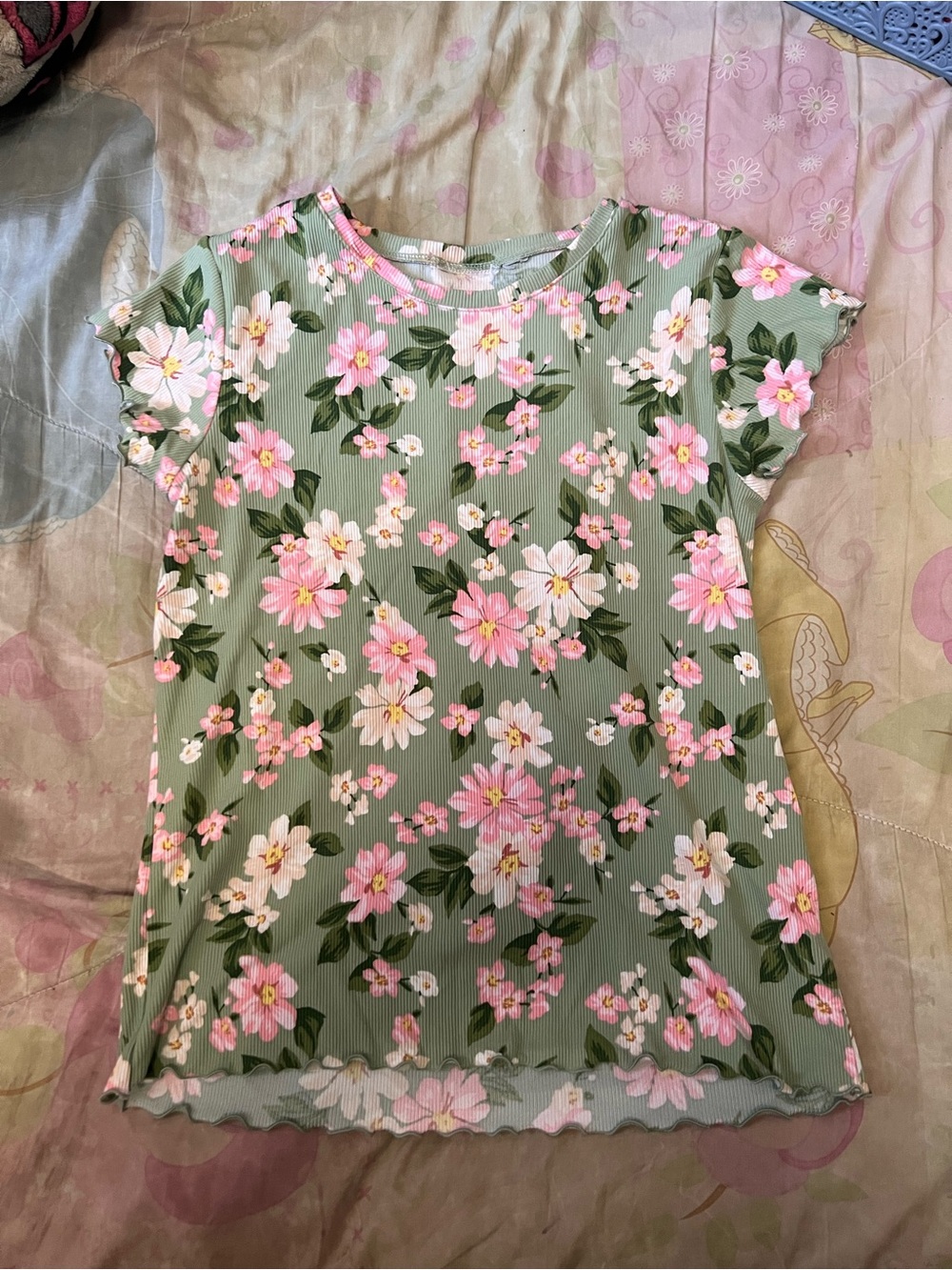 Place Girls' Short Sleeve Floral Tee in Sage Green and Pink